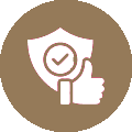 Shield with checkmark and thumbs-up icon on brown background.