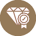 Diamond with a certification badge icon inside a brown circle.