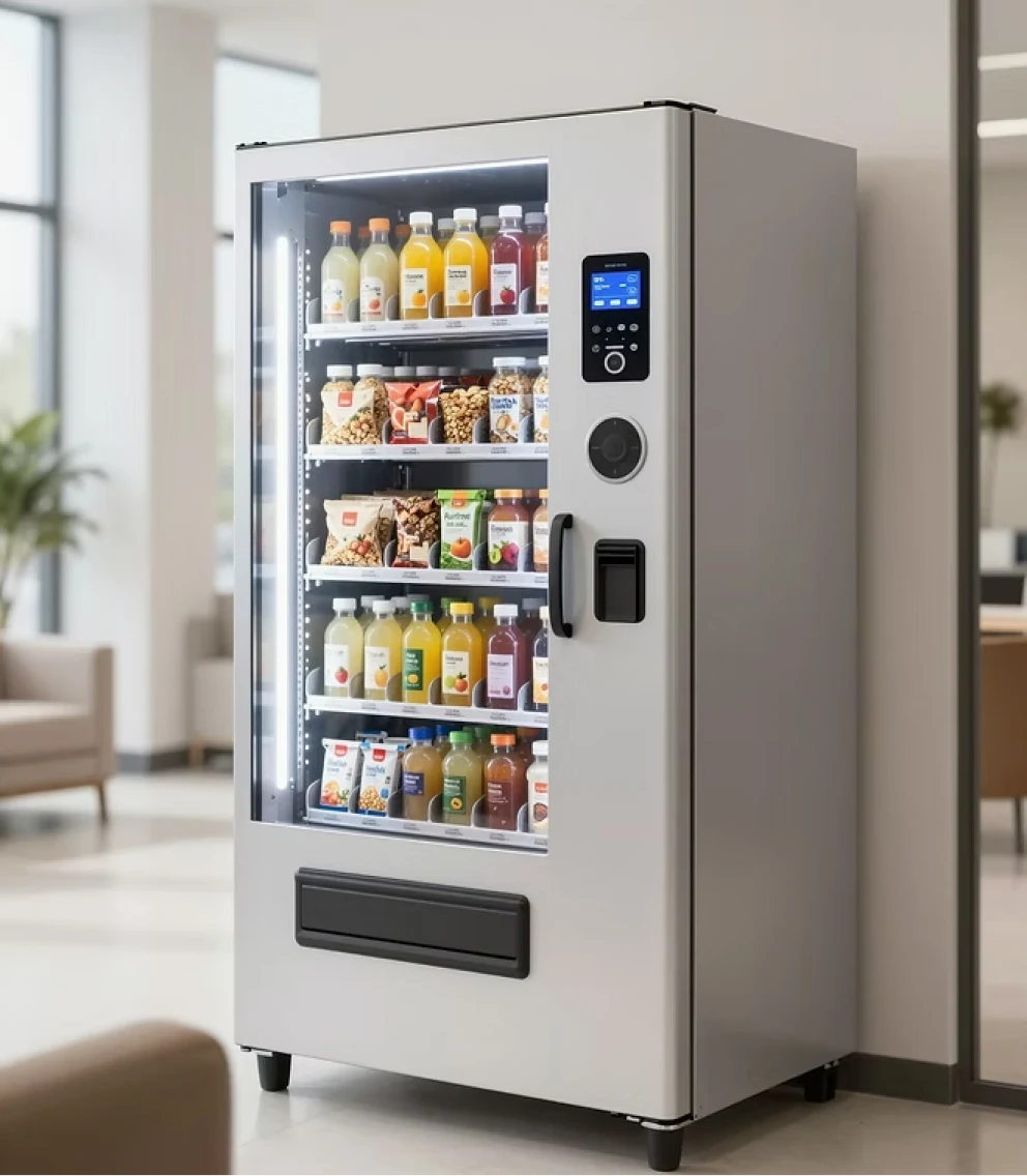 Vending machine stocked with assorted drinks and snacks
